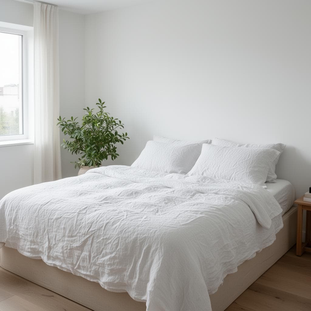 Chambre claire avec lit blanc